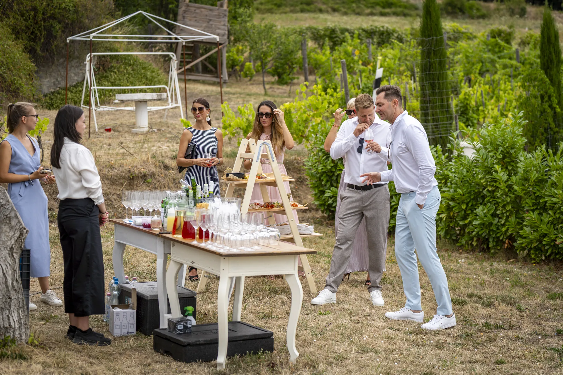 Gäste genießen eine Weinprobe im Freien im Weinberg von Casa Christa, Balatonszőlős